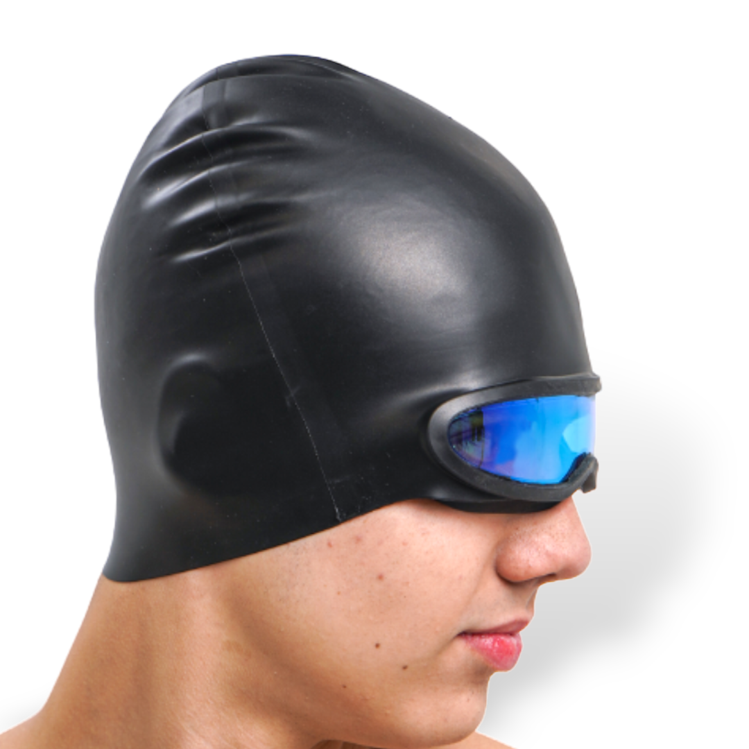 Шапка черная для плавания с очками, 008M