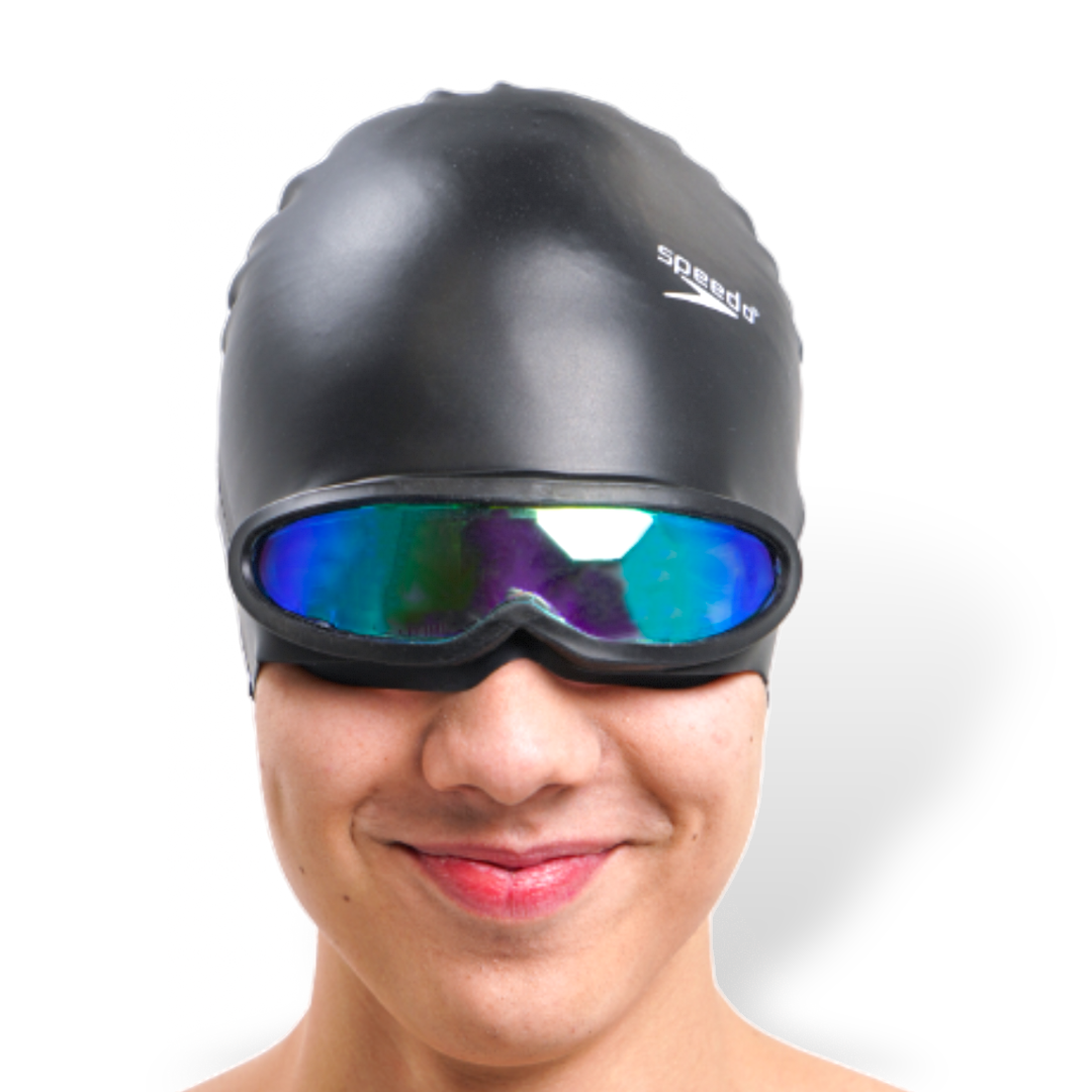 Шапка черная для плавания с очками, 008M